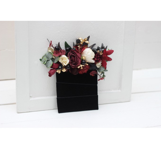 Pocket boutonniere in black gold burgundy ivory color scheme. Flower accessories. Halloween wedding. 0032