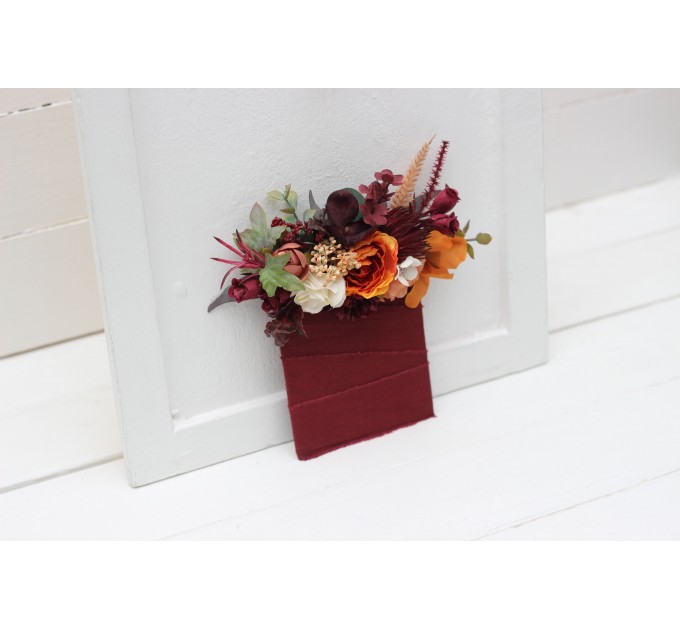 Pocket Boutonniere in Rust, Burgundy & Ivory | Faux Flower Accessories