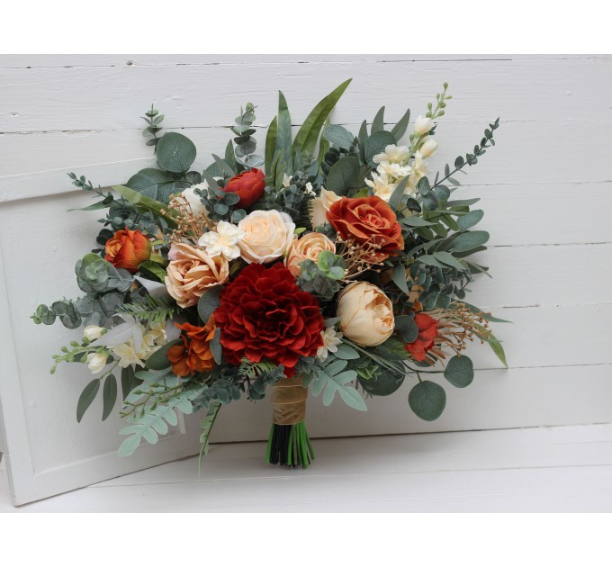 Rust, Ivory & Eucalyptus Bridal Bouquet | Faux Dahlia & Greenery Wedding Bouquets