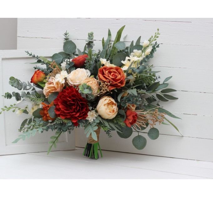 Rust, Ivory & Eucalyptus Bridal Bouquet | Faux Dahlia & Greenery Wedding Bouquets