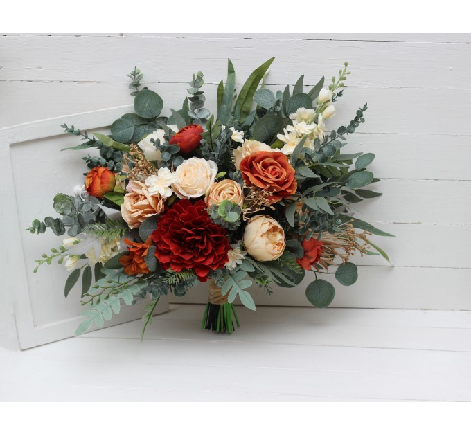 Rust, Ivory & Eucalyptus Bridal Bouquet | Faux Dahlia & Greenery Wedding Bouquets