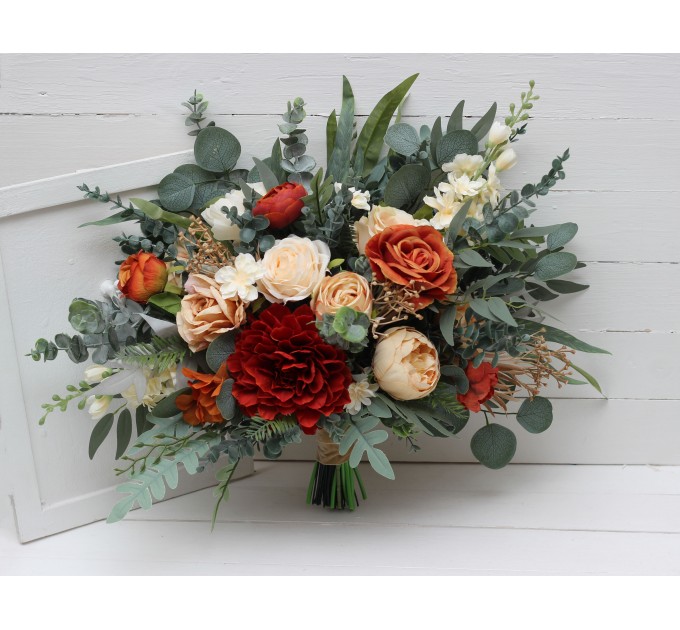 Rust, Ivory & Eucalyptus Bridal Bouquet | Faux Dahlia & Greenery Wedding Bouquets