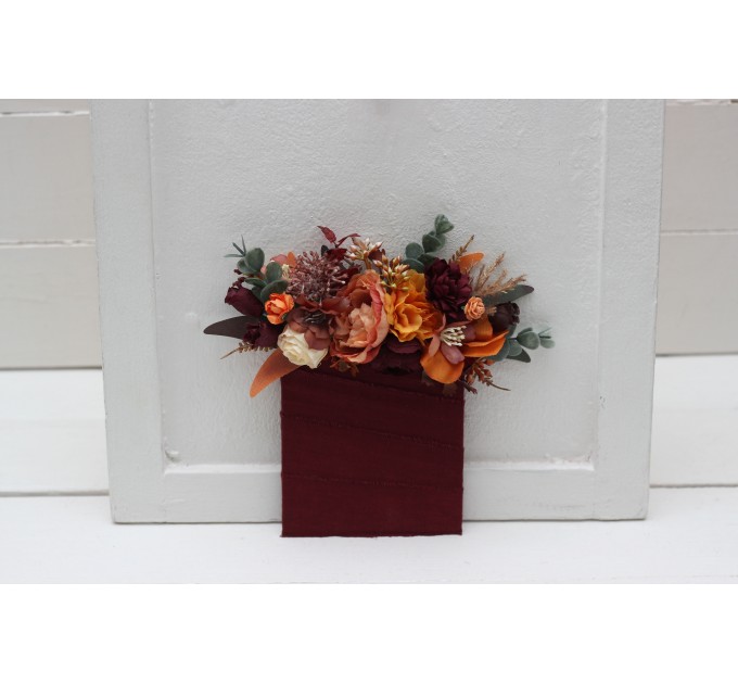 Pocket Boutonniere in Burgundy, Burnt Orange, Rust & Peach | Square Flower Accessories