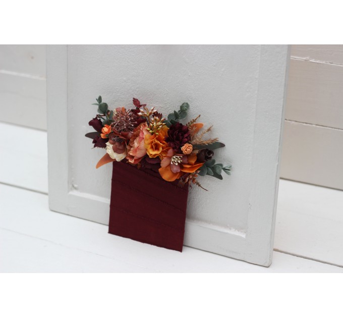 Pocket Boutonniere in Burgundy, Burnt Orange, Rust & Peach | Square Flower Accessories