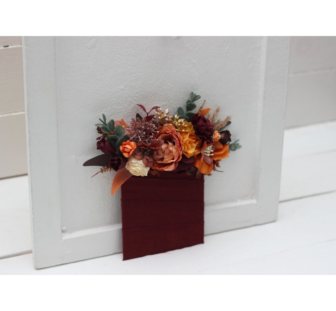 Pocket Boutonniere in Burgundy, Burnt Orange, Rust & Peach | Square Flower Accessories