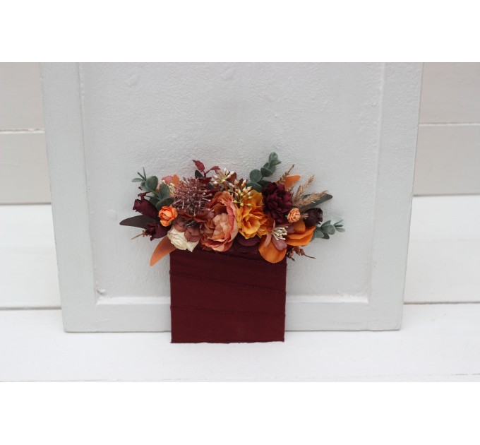 Pocket Boutonniere in Burgundy, Burnt Orange, Rust & Peach | Square Flower Accessories