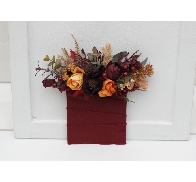 Pocket Boutonniere in Burgundy, Burnt Orange, Rust & Peach | Faux Flower Accessories