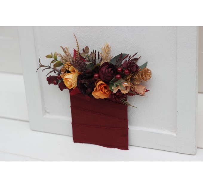 Pocket Boutonniere in Burgundy, Burnt Orange, Rust & Peach | Faux Flower Accessories