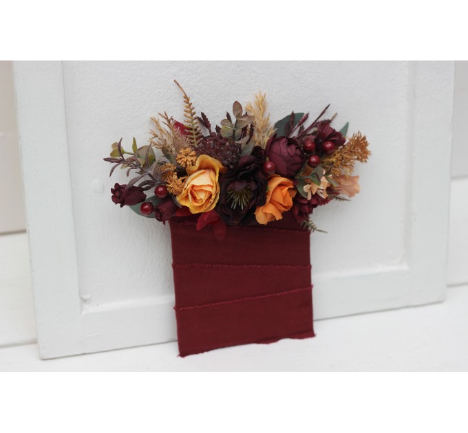 Pocket Boutonniere in Burgundy, Burnt Orange, Rust & Peach | Faux Flower Accessories