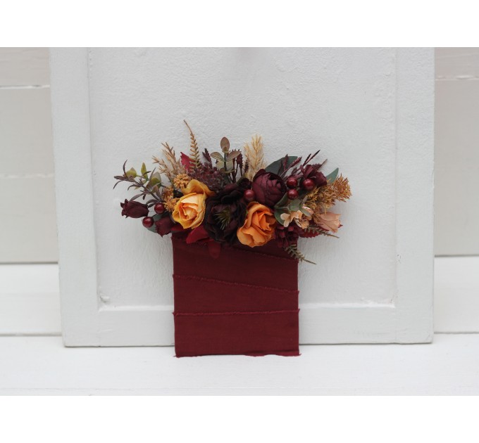 Pocket Boutonniere in Burgundy, Burnt Orange, Rust & Peach | Faux Flower Accessories