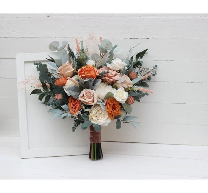 Wedding Bouquets in Rust, Ivory & Sage Green | Cascading Faux Bridal & Bridesmaid Bouquets