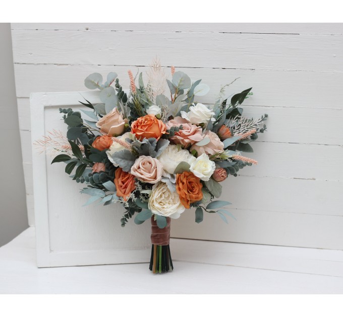 Wedding Bouquets in Rust, Ivory & Sage Green | Cascading Faux Bridal & Bridesmaid Bouquets