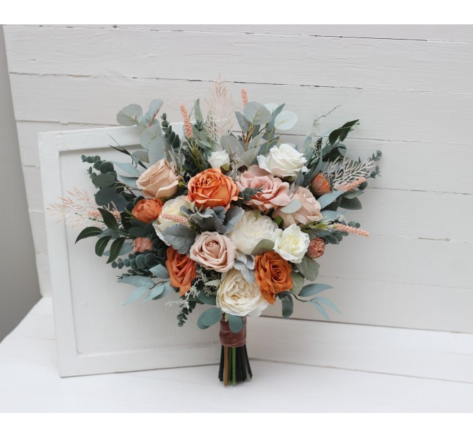 Wedding Bouquets in Rust, Ivory & Sage Green | Cascading Faux Bridal & Bridesmaid Bouquets