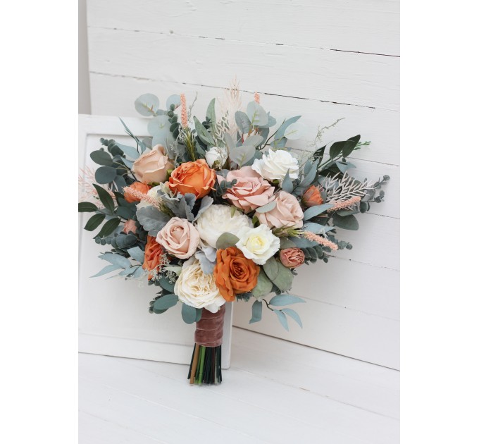 Wedding Bouquets in Rust, Ivory & Sage Green | Cascading Faux Bridal & Bridesmaid Bouquets