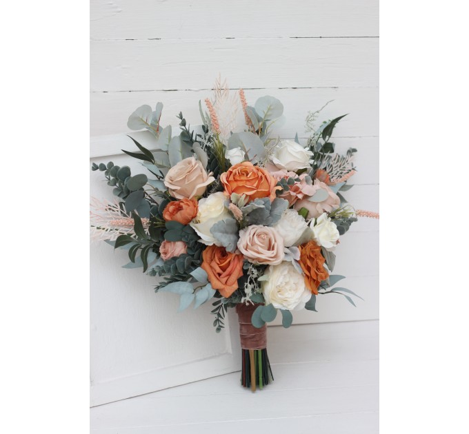 Wedding Bouquets in Rust, Ivory & Sage Green | Cascading Faux Bridal & Bridesmaid Bouquets