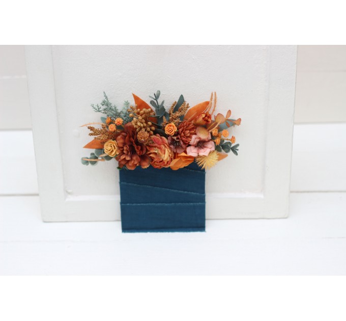 Pocket Boutonniere in Rust & Teal | Square Flower Accessories