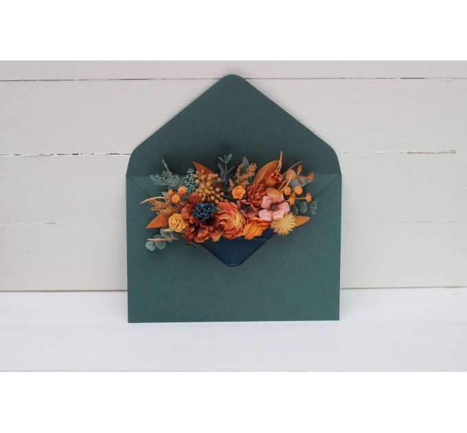 Pocket boutonniere in rust teal color scheme. Square flowers. Flower accessories. 5209