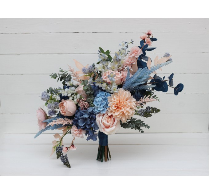 Dusty Blue, Blush Pink & Peach Dahlia Bridal Bouquet | Faux Wedding & Bridesmaid Bouquets