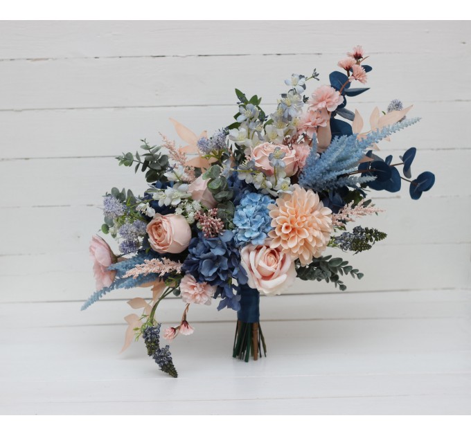 Dusty Blue, Blush Pink & Peach Dahlia Bridal Bouquet | Faux Wedding & Bridesmaid Bouquets