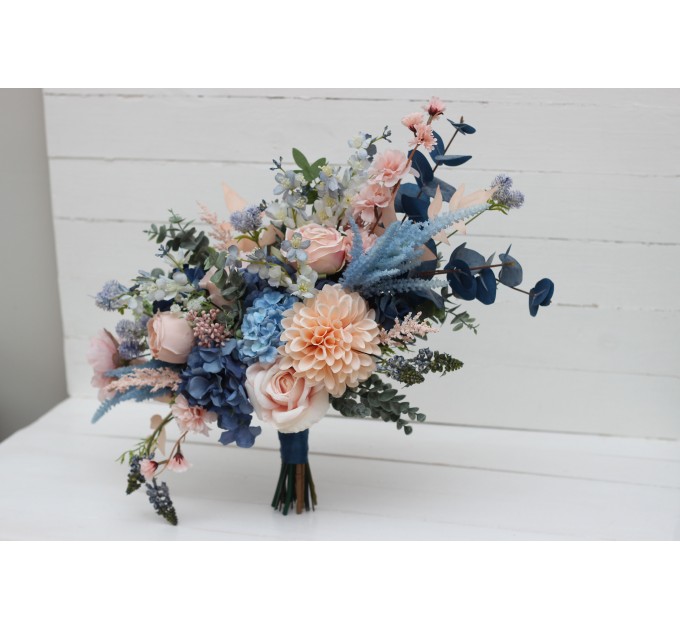 Dusty Blue, Blush Pink & Peach Dahlia Bridal Bouquet | Faux Wedding & Bridesmaid Bouquets