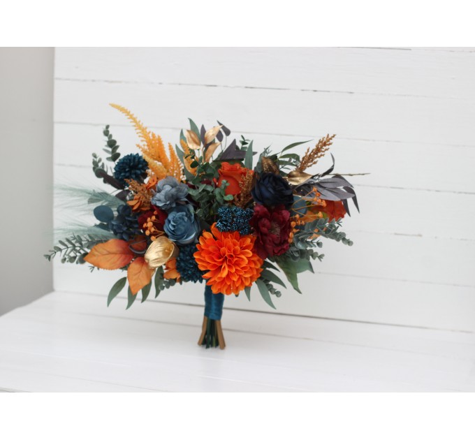 Dark teal rust gold bouquet. Navy blue orange flowers. Bridal bouquet.  Faux bouquet. Bridesmaid bouquet. 5208