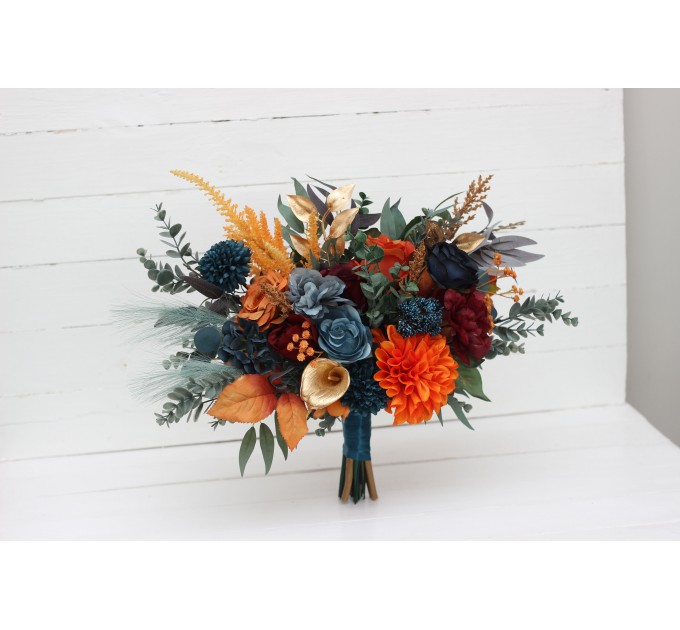 Dark teal rust gold bouquet. Navy blue orange flowers. Bridal bouquet.  Faux bouquet. Bridesmaid bouquet. 5208