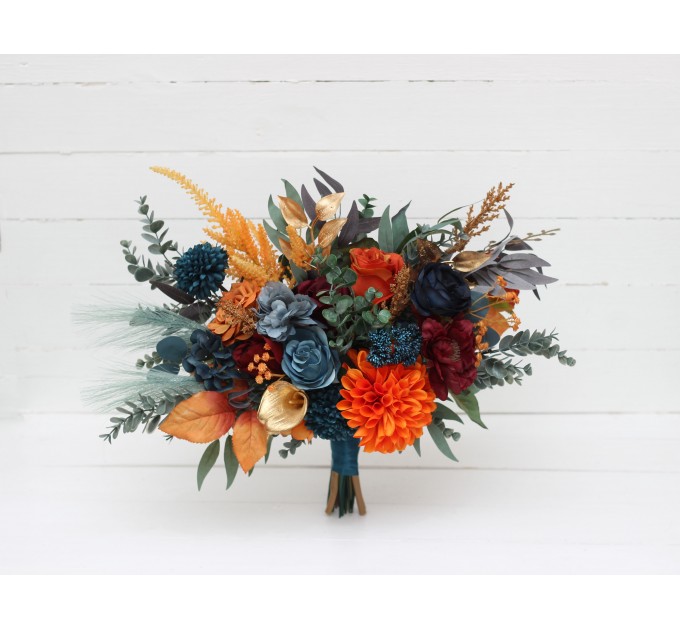 Dark teal rust gold bouquet. Navy blue orange flowers. Bridal bouquet.  Faux bouquet. Bridesmaid bouquet. 5208