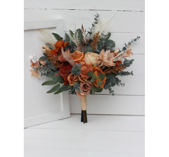 Wedding Bouquets in Cinnamon, Rust & Orange | Pampas Grass Faux Bridal & Bridesmaid Bouquets