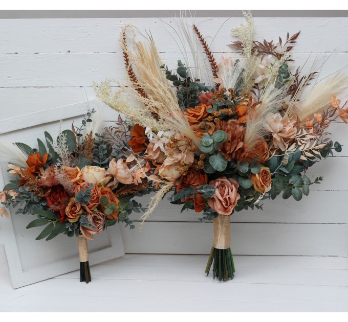 Wedding Bouquets in Cinnamon, Rust & Orange | Pampas Grass Faux Bridal & Bridesmaid Bouquets