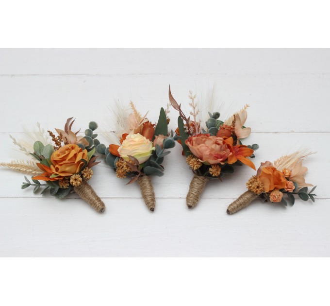 Wedding Boutonnieres & Wrist Corsage in Cinnamon, Rust & Orange | Faux Flower Accessories