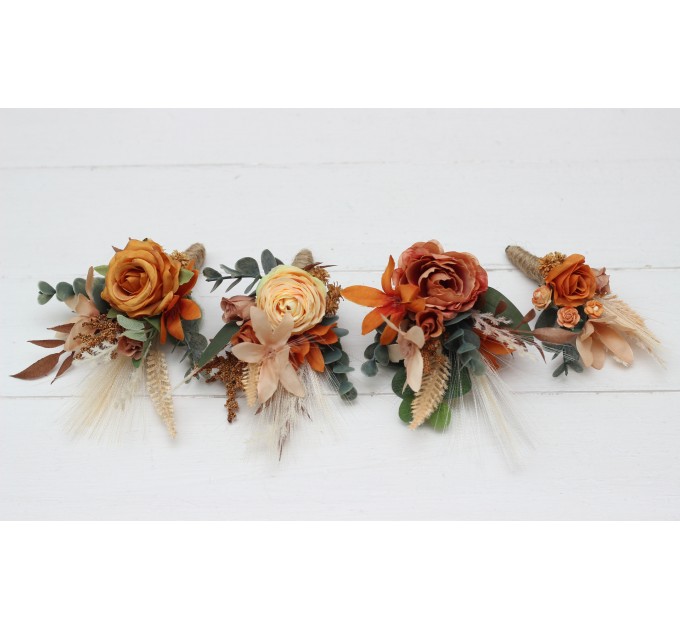  Wedding boutonnieres and wrist corsage  in cinnamon rust orange color scheme. Flower accessories. 5146