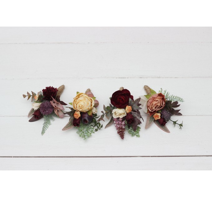 Wedding Boutonnieres & Wrist Corsage in Burgundy, Ivory & Dusty Rose | Faux Flower Accessories