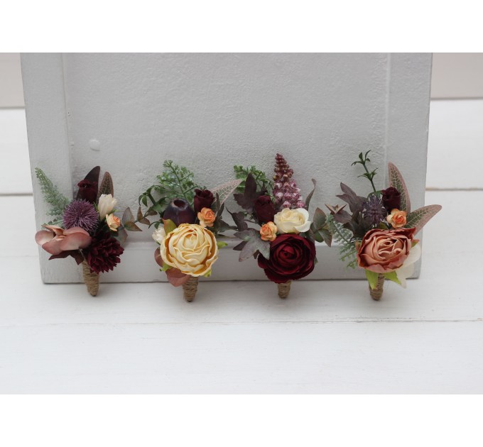 Wedding Boutonnieres & Wrist Corsage in Burgundy, Ivory & Dusty Rose | Faux Flower Accessories