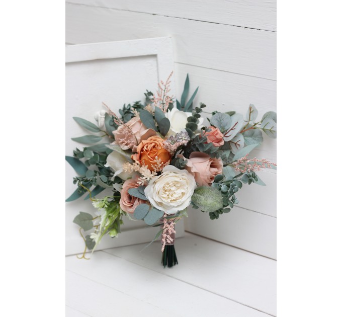 Wedding Bouquets in Rust, Ivory & Sage Green | Cascading Faux Bridal & Bridesmaid Bouquets