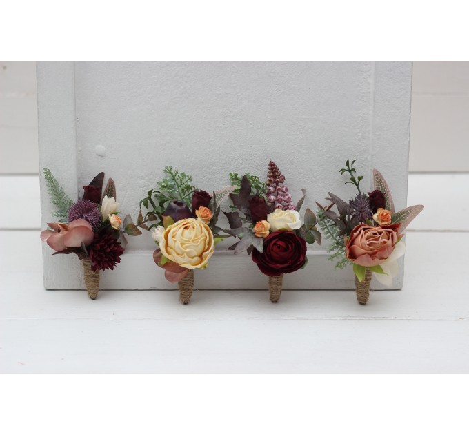 Wedding Boutonnieres & Wrist Corsage in Burgundy, Ivory & Dusty Rose | Faux Flower Accessories