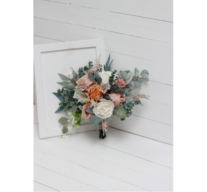 Wedding Bouquets in Rust, Ivory & Sage Green | Cascading Faux Bridal & Bridesmaid Bouquets