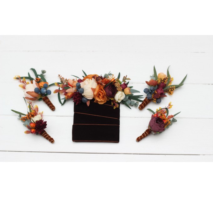 Pocket Boutonniere in Rust, Burgundy & Ivory | Faux Flower Accessories