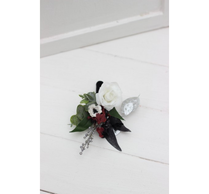Wedding Boutonnieres & Wrist Corsage in Burgundy, Black, White & Silver | Faux Flower Accessories