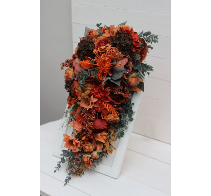 Wedding Bouquets in Rust, Terracotta & Burnt Orange | Cascading Bridal & Bridesmaid Faux Bouquets