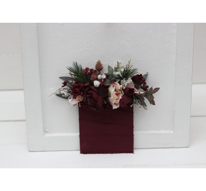 Pocket boutonniere in burgundy blush pink gold color scheme. Flower accessories. Winter wedding. 5214