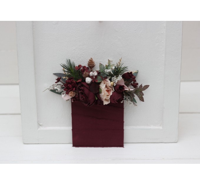 Pocket boutonniere in burgundy blush pink gold color scheme. Flower accessories. Winter wedding. 5214