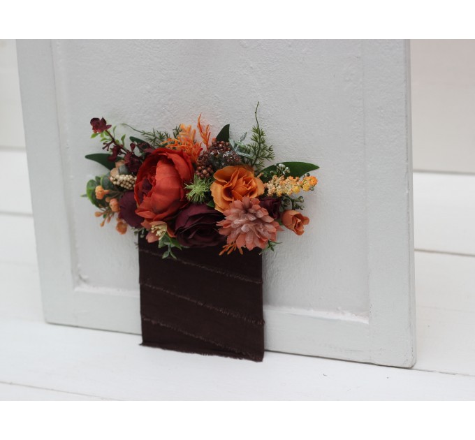Pocket boutonniere in rust terracotta burgundy brown color scheme. Flower accessories. 5212