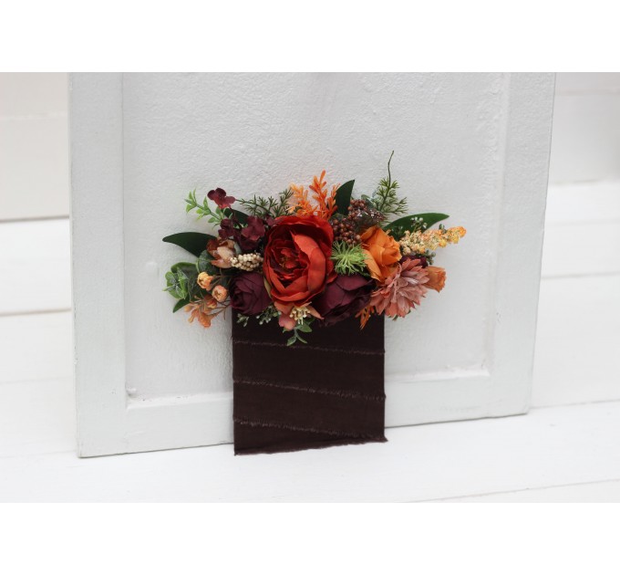 Pocket boutonniere in rust terracotta burgundy brown color scheme. Flower accessories. 5212