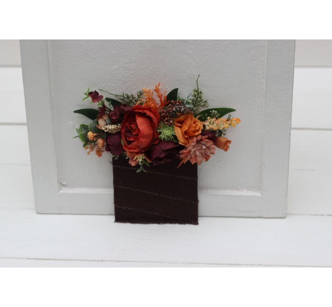 Pocket boutonniere in rust terracotta burgundy brown color scheme. Flower accessories. 5212