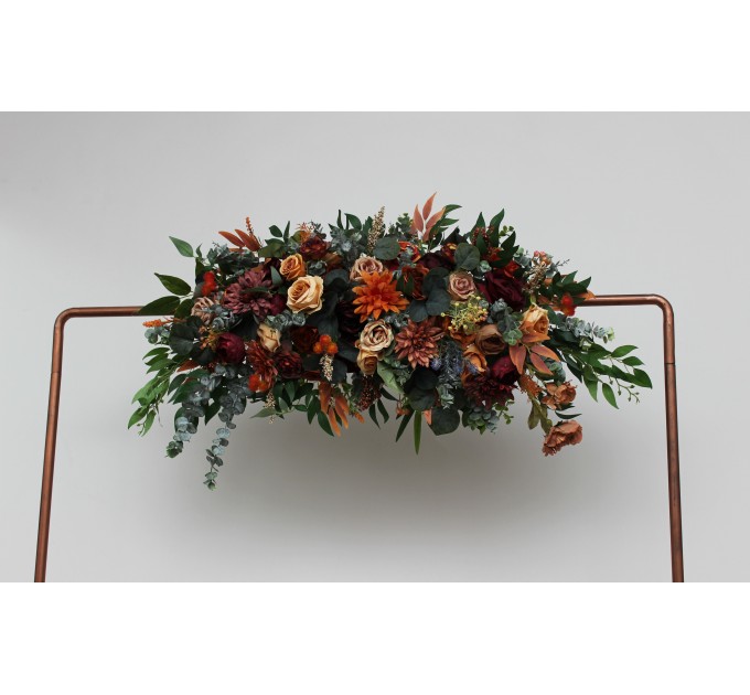 Flower Arch Arrangement in Rust, Terracotta, Burgundy & Brown | Faux Floral Archway for Wedding