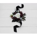 Wedding Boutonnieres & Wrist Corsage in Burgundy, Black, White & Silver | Faux Flower Accessories