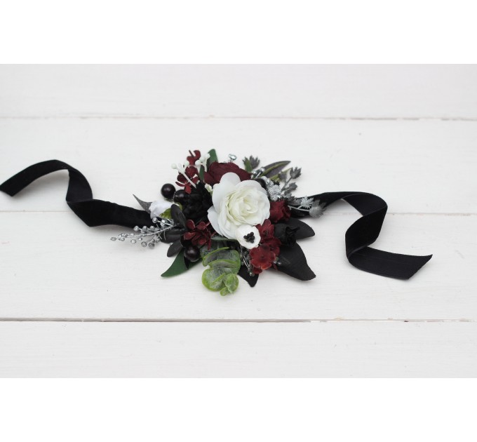 Wedding Boutonnieres & Wrist Corsage in Burgundy, Black, White & Silver | Faux Flower Accessories