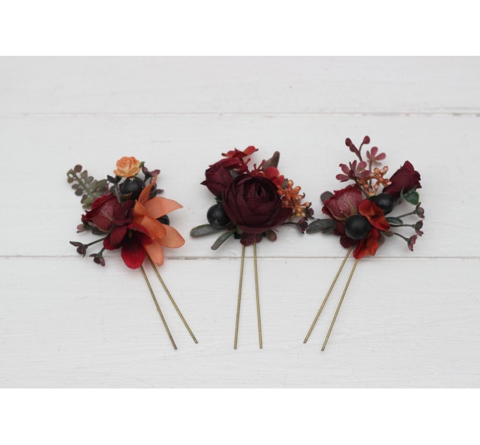  Set of  3 hair pins in  burgundy red blue color scheme. Hair accessories. Flower accessories for wedding.  5077