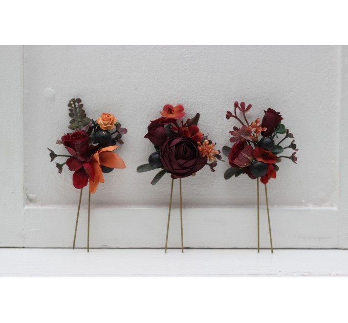 Set of 3 hair pins in burgundy red blue color scheme. Hair accessories. Flower accessories for wedding. 5077