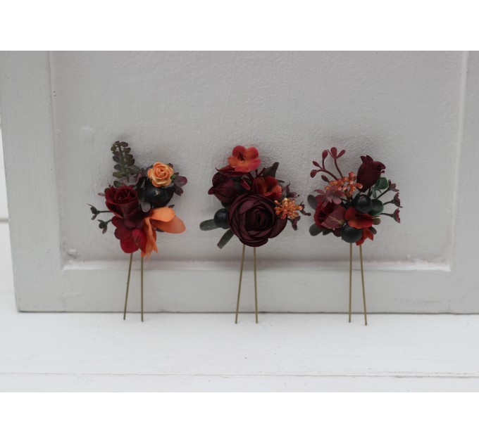 Set of 3 hair pins in burgundy red blue color scheme. Hair accessories. Flower accessories for wedding. 5077